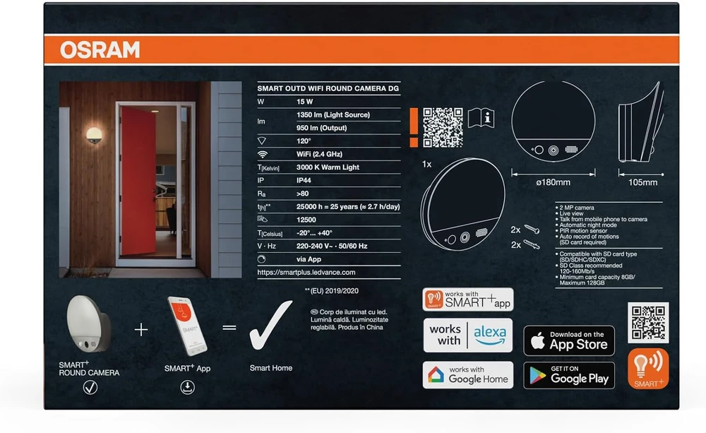 OSRAM išmanusis lauko sieninis LED šviestuvas su HD kamera, Wi-Fi ir judesio jutikliu 4099854474910