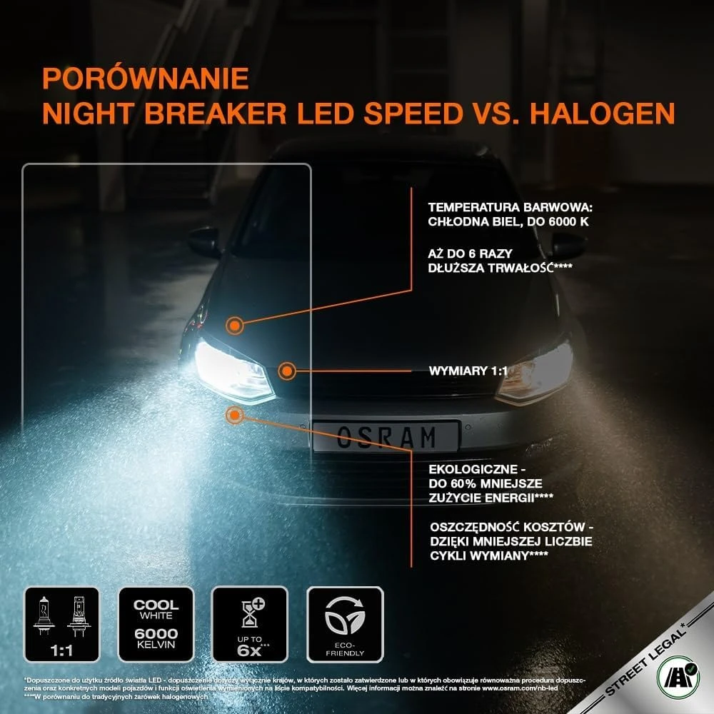 OSRAM LED automobilinės lemputės H7 16 W 6000 K NIGHT BREAKER LED SPEED 450
