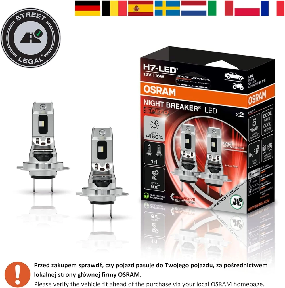 OSRAM LED automobilinės lemputės H7 16 W 6000 K NIGHT BREAKER LED SPEED 450