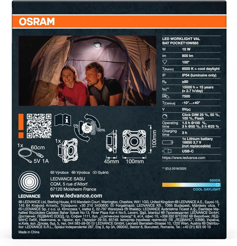 Osram 10W LED žibintuvėlis - prožektorius WORKLIGHTS VALUE USB, juodos/pilkos sp., 6500K, dimeriuojamas, su baterija, IP54