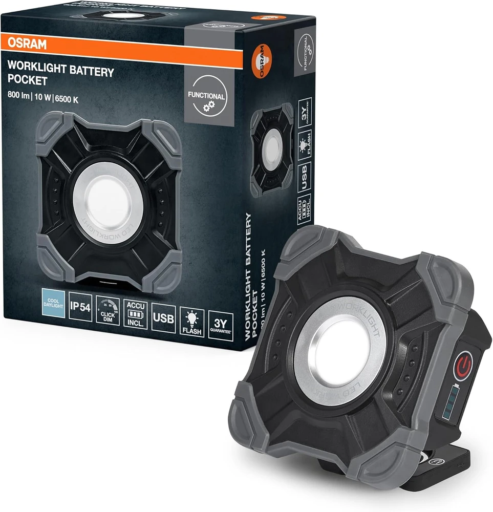 Osram 10W LED žibintuvėlis - prožektorius WORKLIGHTS VALUE USB, juodos/pilkos sp., 6500K, dimeriuojamas, su baterija, IP54