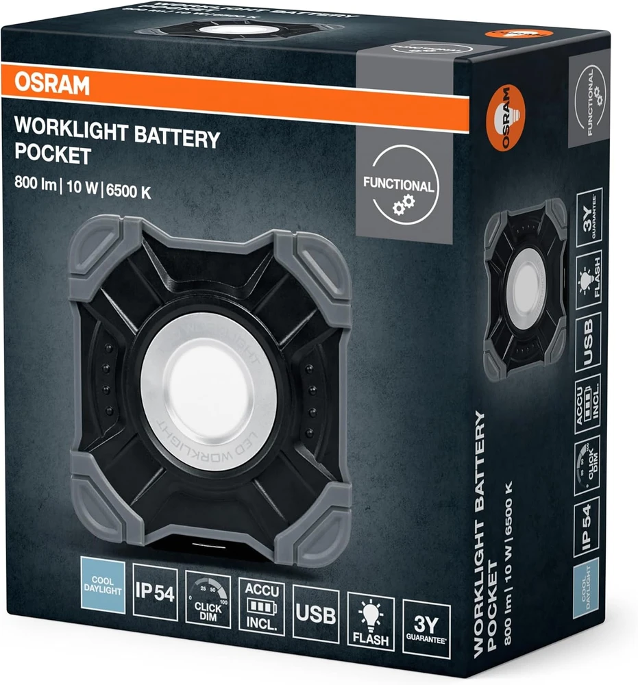Osram 10W LED žibintuvėlis - prožektorius WORKLIGHTS VALUE USB, juodos/pilkos sp., 6500K, dimeriuojamas, su baterija, IP54