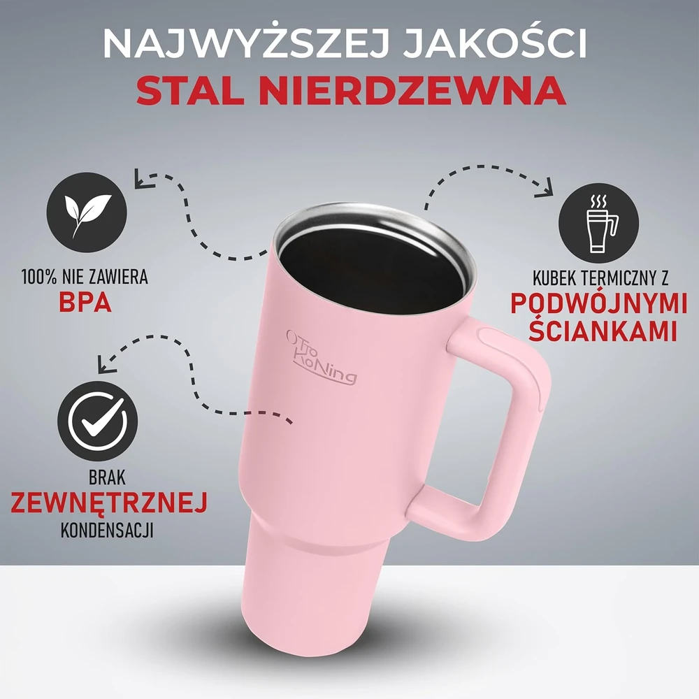 Otto Koning termopuodelis su šiaudeliu ir rankena, 1,2 l, nerūdijančiojo plieno