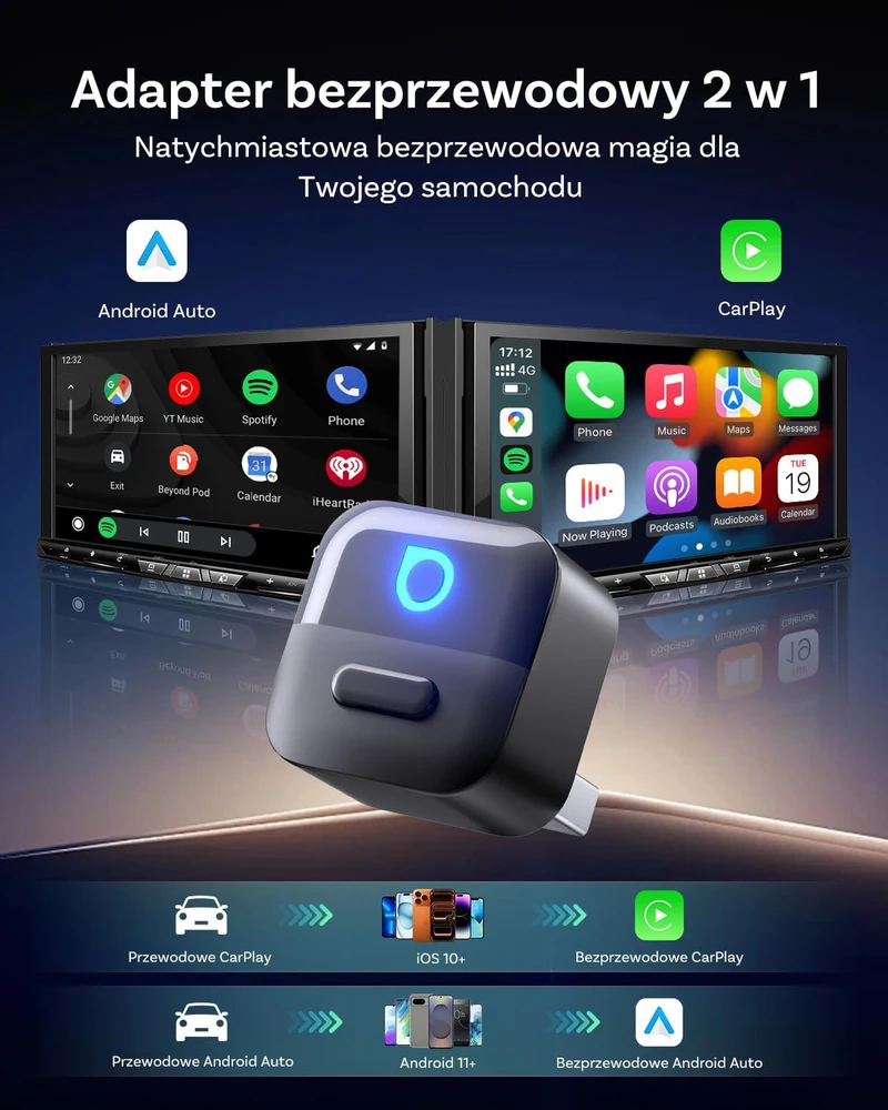 OTTOCAST bevielis 2-in-1 CarPlay ir Android Auto adapteris Mini Pico, USB-A/C, automatinis persijungimas, Wi-Fi 6, Bluetooth 5.4
