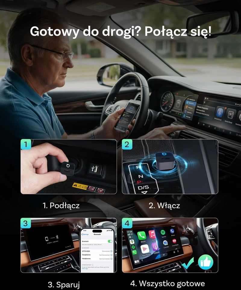 OTTOCAST bevielis 2-in-1 CarPlay ir Android Auto adapteris Mini Pico, USB-A/C, automatinis persijungimas, Wi-Fi 6, Bluetooth 5.4