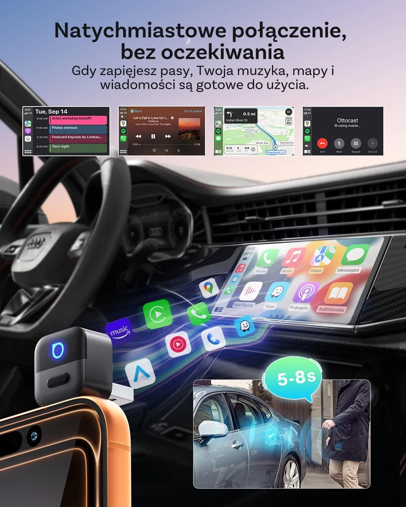 OTTOCAST bevielis 2-in-1 CarPlay ir Android Auto adapteris Mini Pico, USB-A/C, automatinis persijungimas, Wi-Fi 6, Bluetooth 5.4