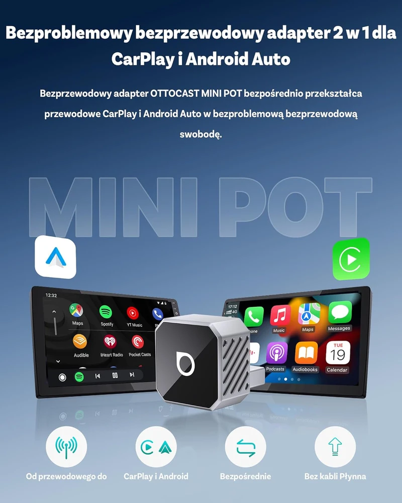 Ottocast bevielis CarPlay ir Android Auto adapteris, USB-A/USB-C, 2.4G+5G Mini Cube, modelis 2026
