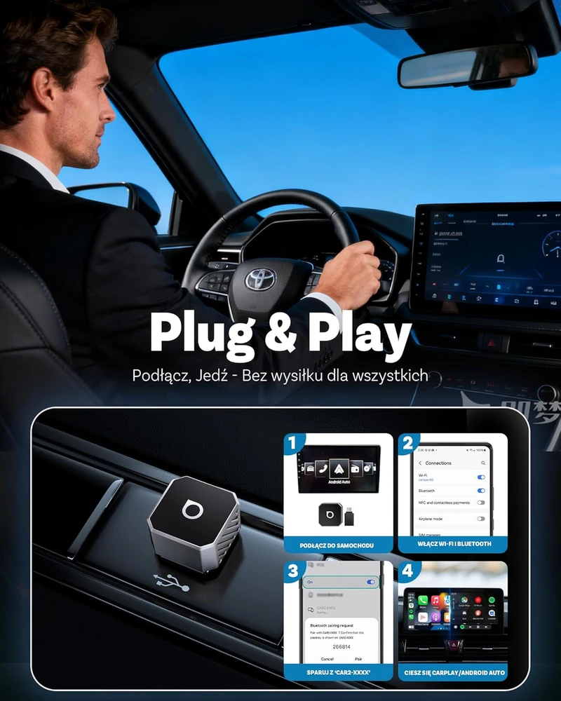 Ottocast bevielis CarPlay ir Android Auto adapteris, USB-A/USB-C, 2.4G+5G Mini Cube, modelis 2026