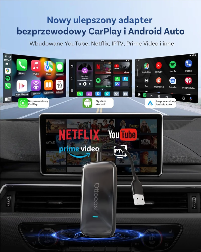 OTTOCAST CarPlay ir Android Auto adapteris Play2video Ultra, 5G, WiFi 6, 4 GB RAM, 32 GB ROM, Micro USB