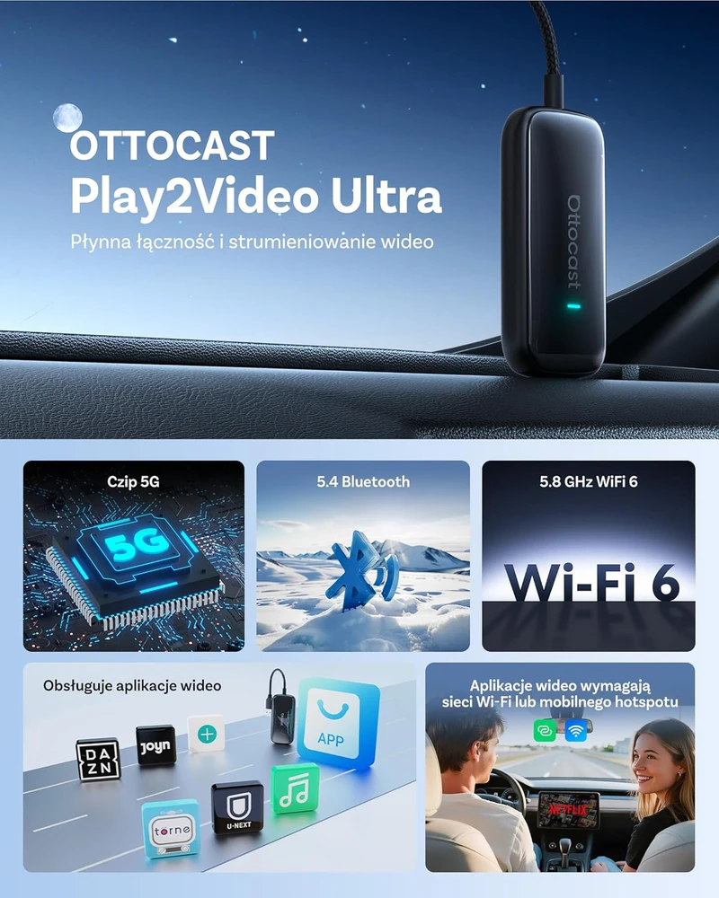 OTTOCAST CarPlay ir Android Auto adapteris Play2video Ultra, 5G, WiFi 6, 4 GB RAM, 32 GB ROM, Micro USB