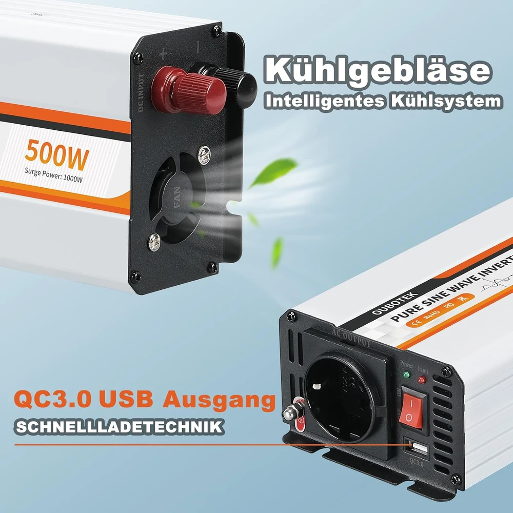 OUBOTEK grynosios sinusoidės įtampos keitiklis 12 V į 230 V, 500 W, TP500W