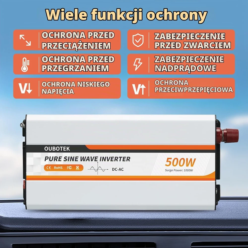 OUBOTEK grynosios sinusoidės įtampos keitiklis 12 V į 230 V, 500 W, TP500W