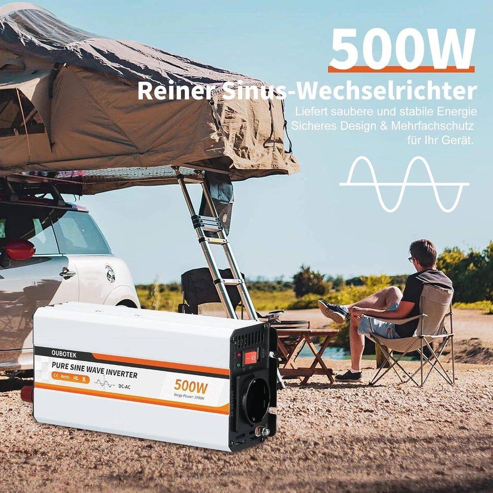 OUBOTEK grynosios sinusoidės įtampos keitiklis 12 V į 230 V, 500 W, TP500W