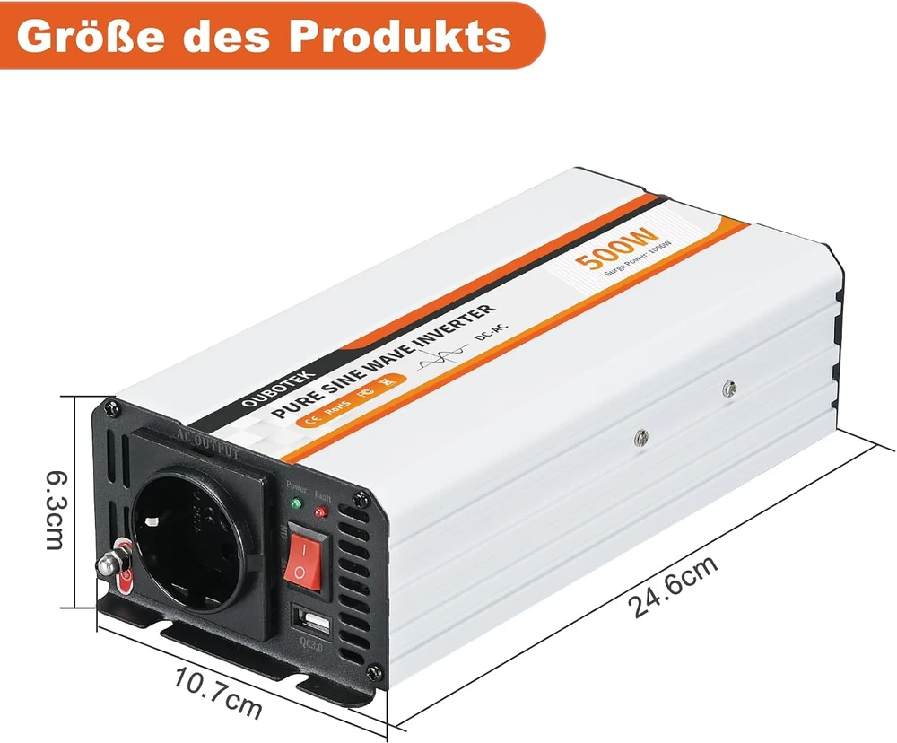 OUBOTEK grynosios sinusoidės įtampos keitiklis 12 V į 230 V, 500 W, TP500W