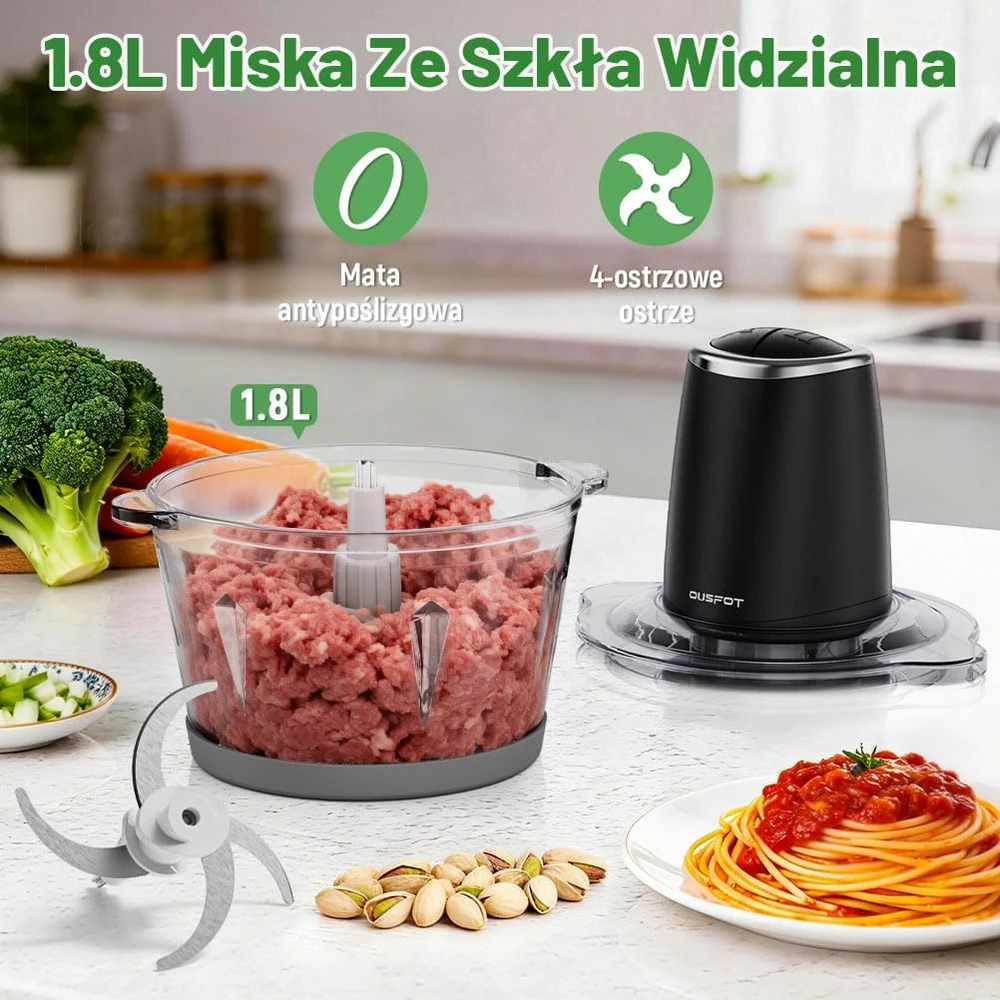 OUSFOT elektrinis maisto smulkintuvas, 1,8 l stiklinė talpa, 500 W, 2 greičiai, Y-JR76