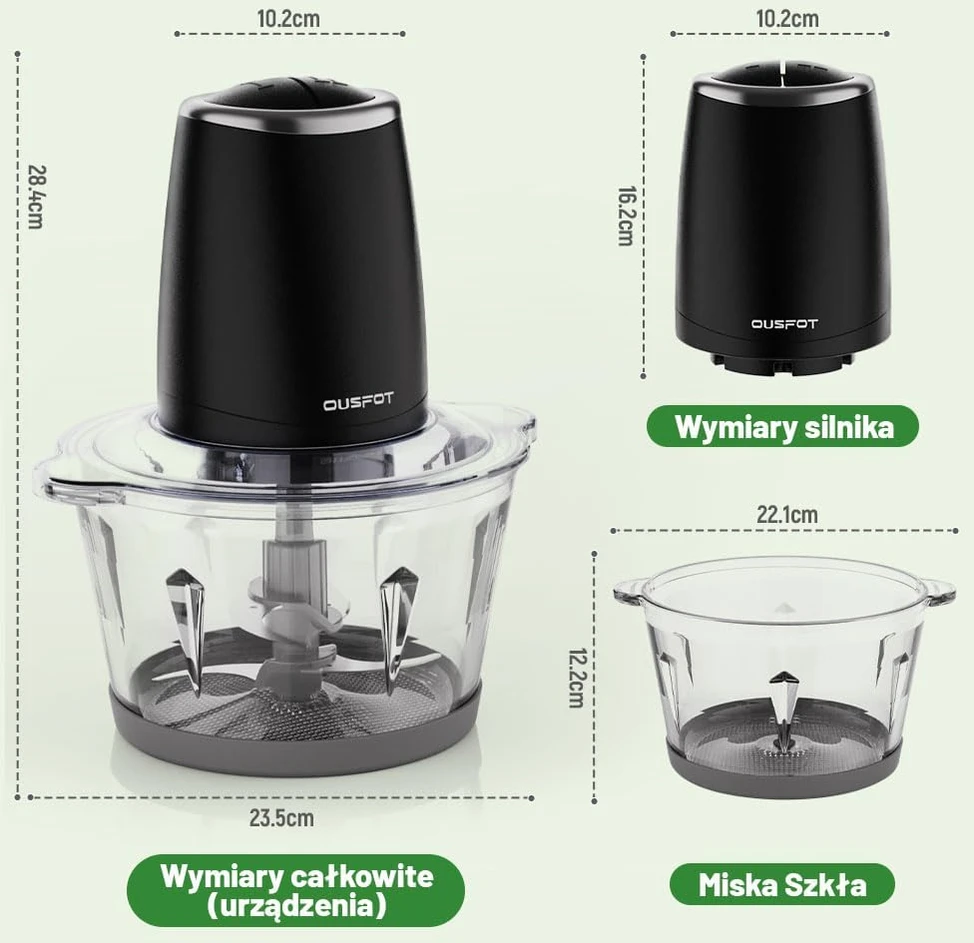 OUSFOT elektrinis maisto smulkintuvas, 1,8 l stiklinė talpa, 500 W, 2 greičiai, Y-JR76