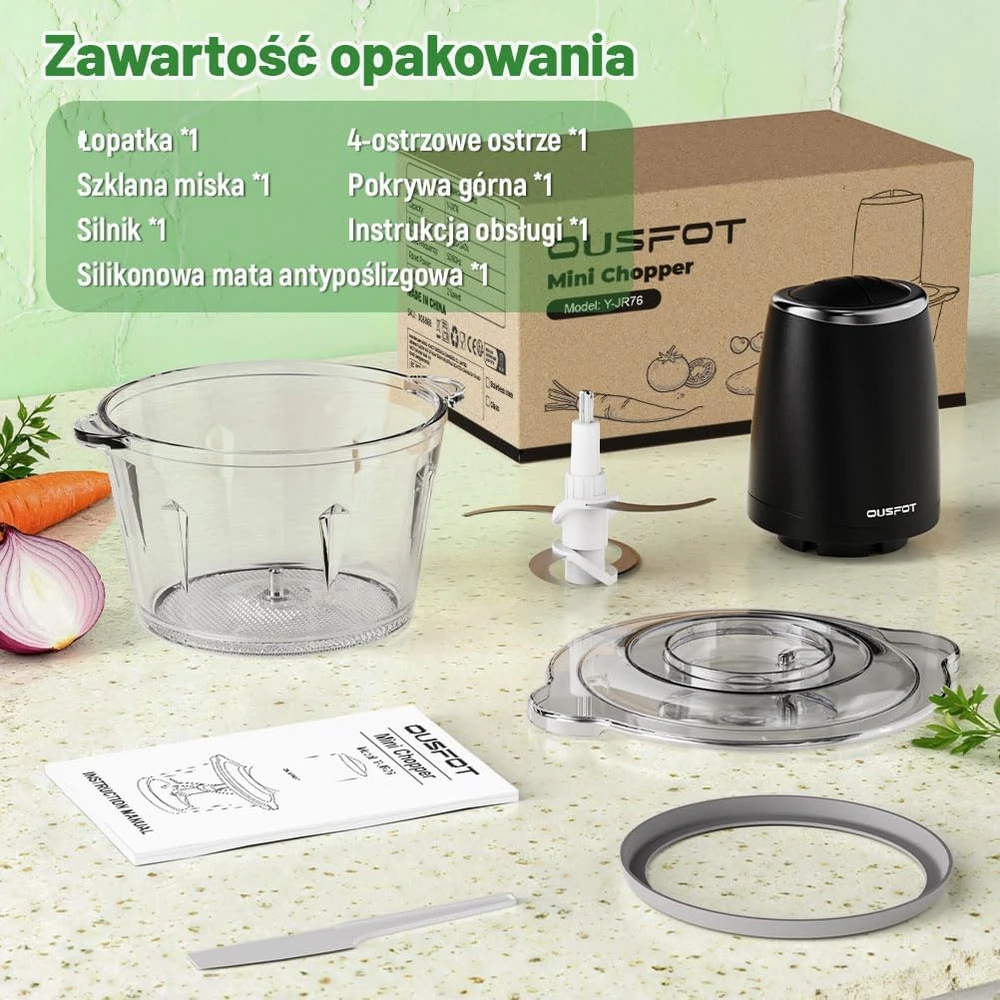 OUSFOT elektrinis maisto smulkintuvas, 1,8 l stiklinė talpa, 500 W, 2 greičiai, Y-JR76