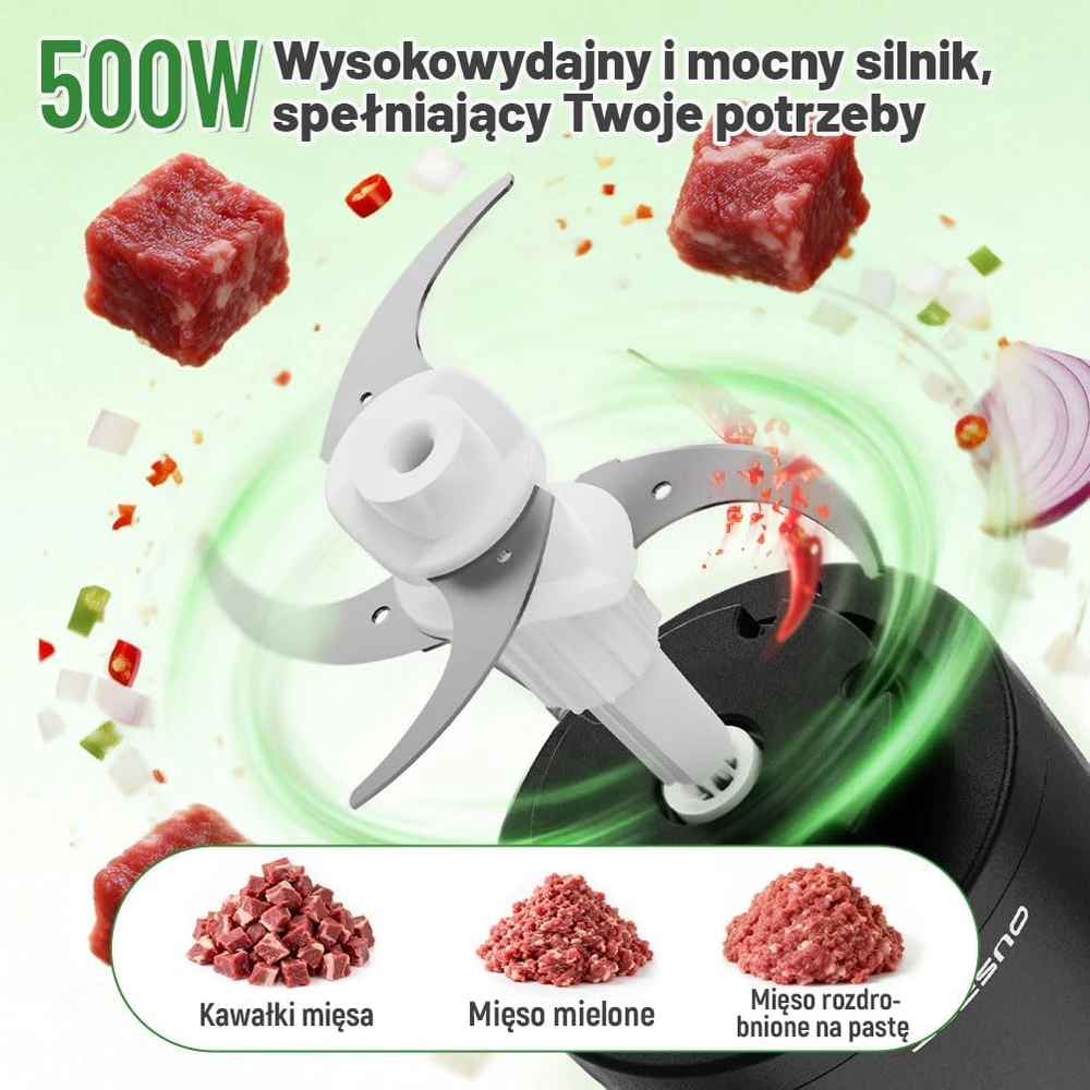 OUSFOT elektrinis maisto smulkintuvas, 1,8 l stiklinė talpa, 500 W, 2 greičiai, Y-JR76