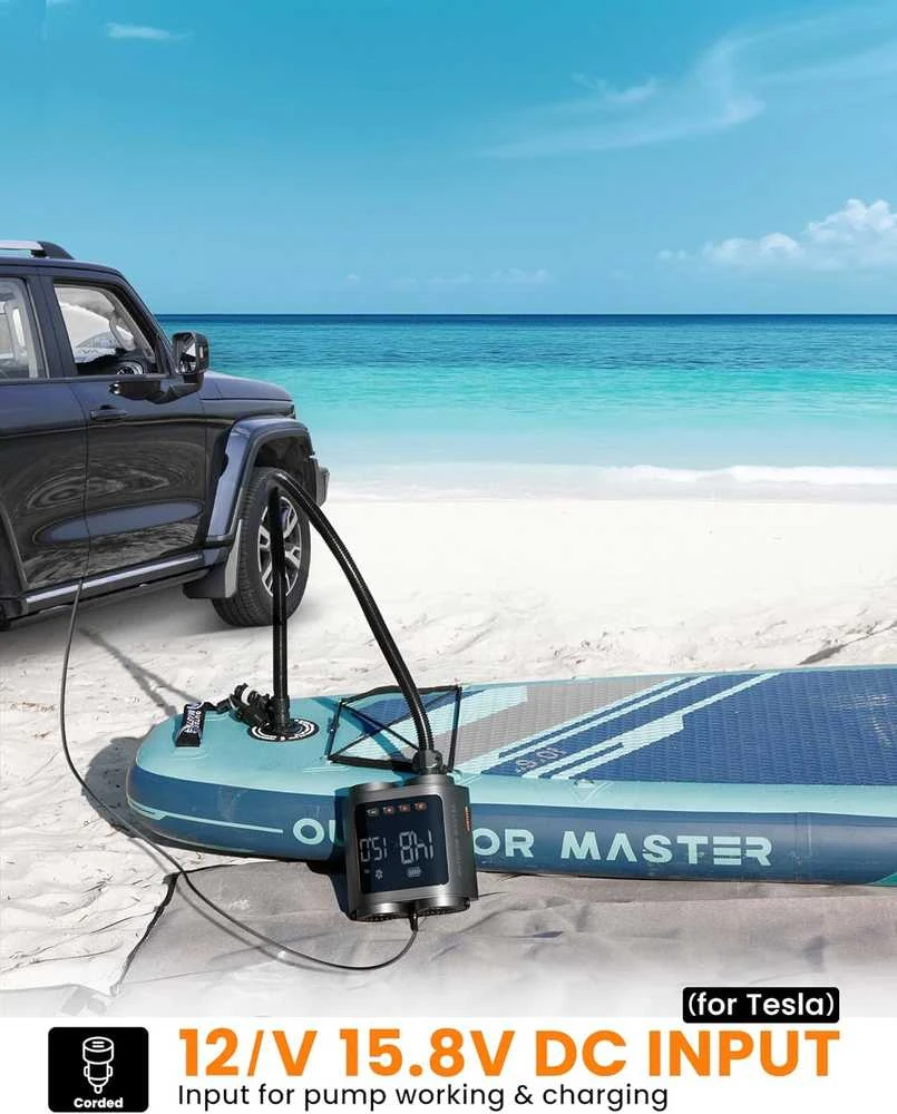 OutdoorMaster elektrinė belaidė SUP pompa, 57,7 Wh, 20 PSI, USB-C, su akumuliatoriumi, 8 antgaliai