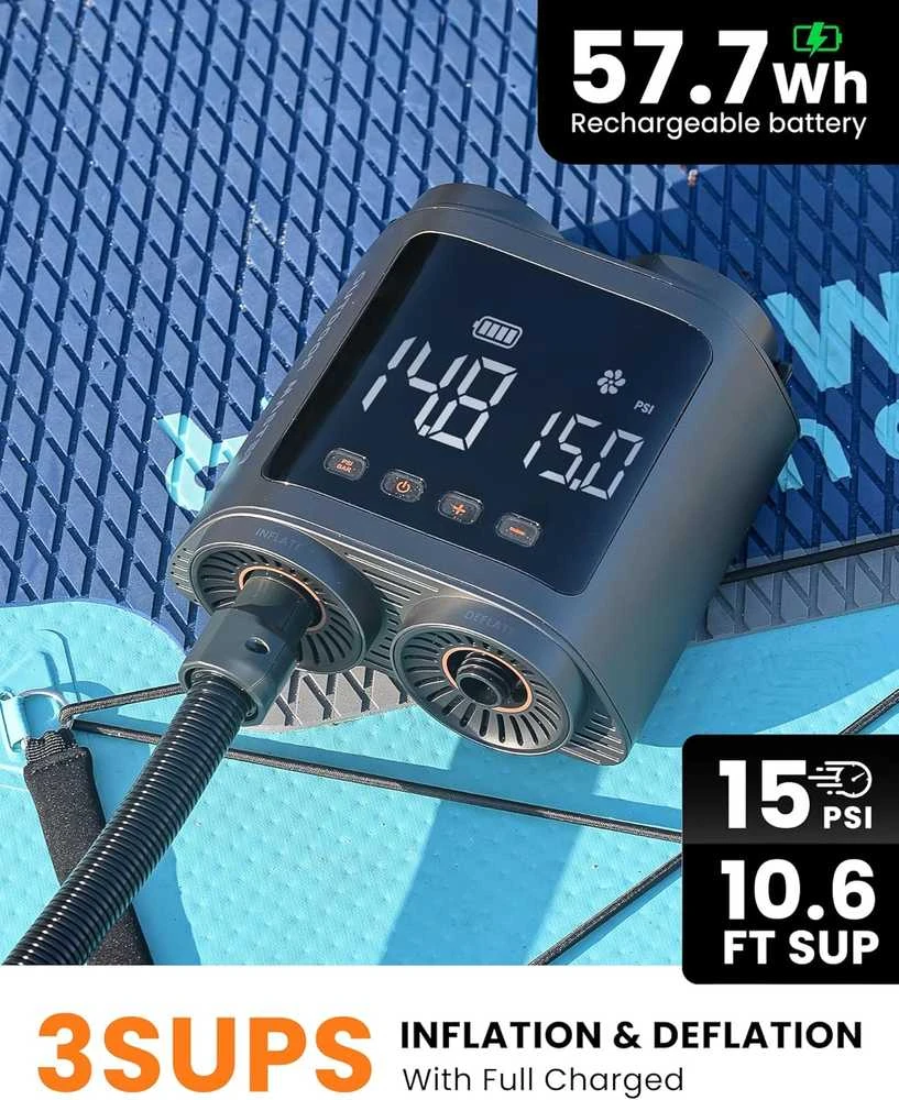OutdoorMaster elektrinė belaidė SUP pompa, 57,7 Wh, 20 PSI, USB-C, su akumuliatoriumi, 8 antgaliai