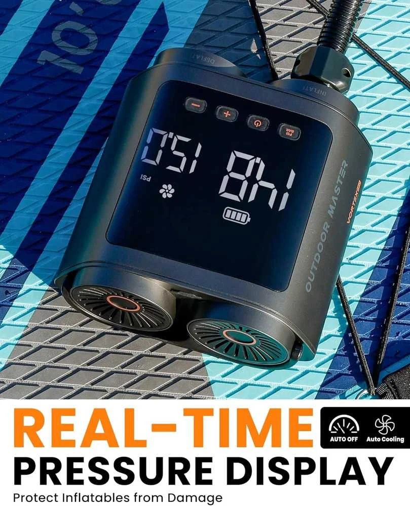 OutdoorMaster elektrinė belaidė SUP pompa, 57,7 Wh, 20 PSI, USB-C, su akumuliatoriumi, 8 antgaliai