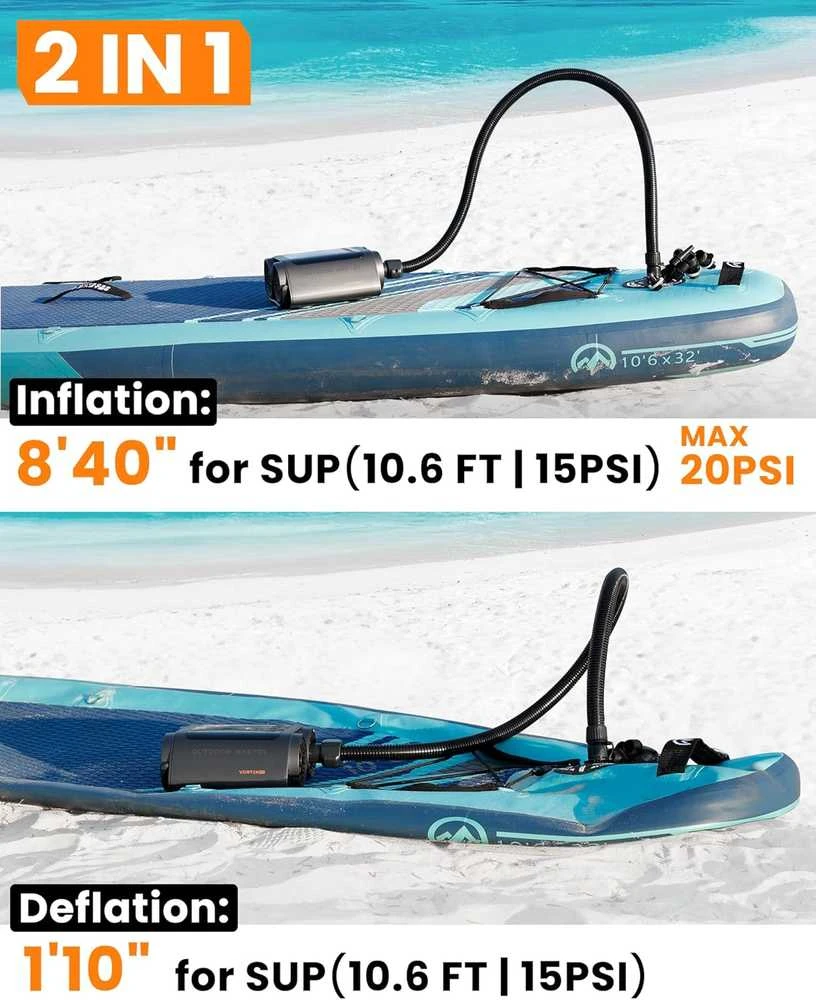 OutdoorMaster elektrinė belaidė SUP pompa, 57,7 Wh, 20 PSI, USB-C, su akumuliatoriumi, 8 antgaliai