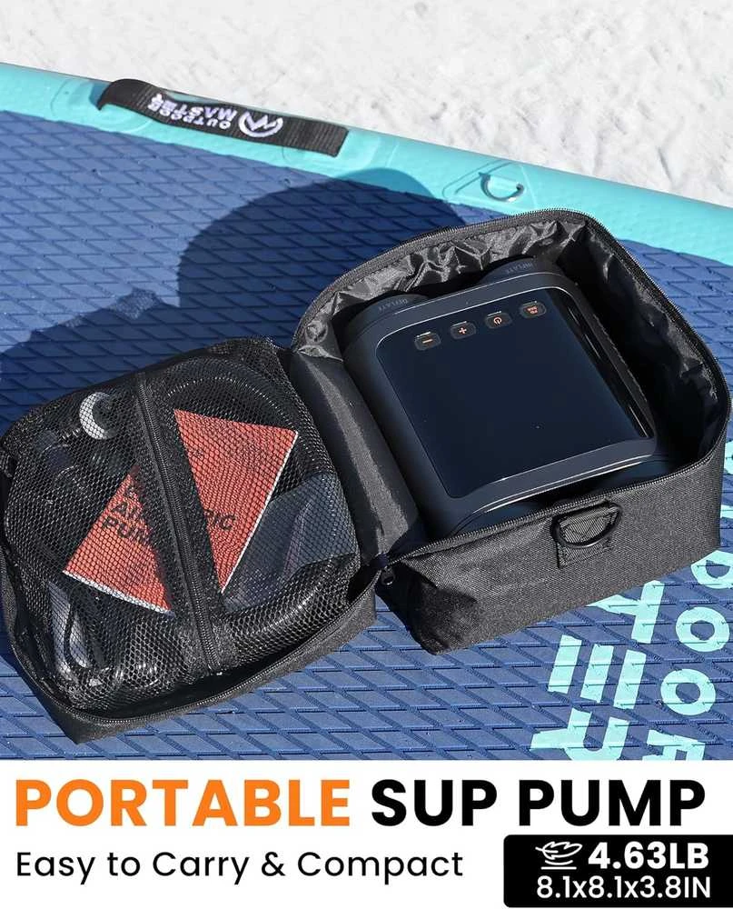 OutdoorMaster elektrinė belaidė SUP pompa, 57,7 Wh, 20 PSI, USB-C, su akumuliatoriumi, 8 antgaliai