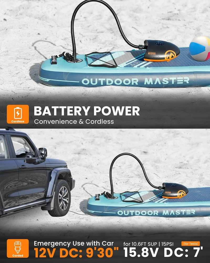 OutdoorMaster elektrinė pompa SUP lentoms, 88,8 Wh akumuliatorius, 20 PSI, USB-C, Shark 2S