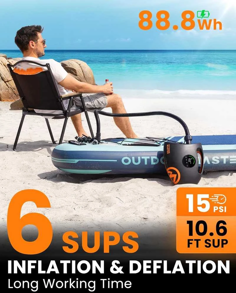 OutdoorMaster elektrinė pompa SUP lentoms, 88,8 Wh akumuliatorius, 20 PSI, USB-C, Shark 2S