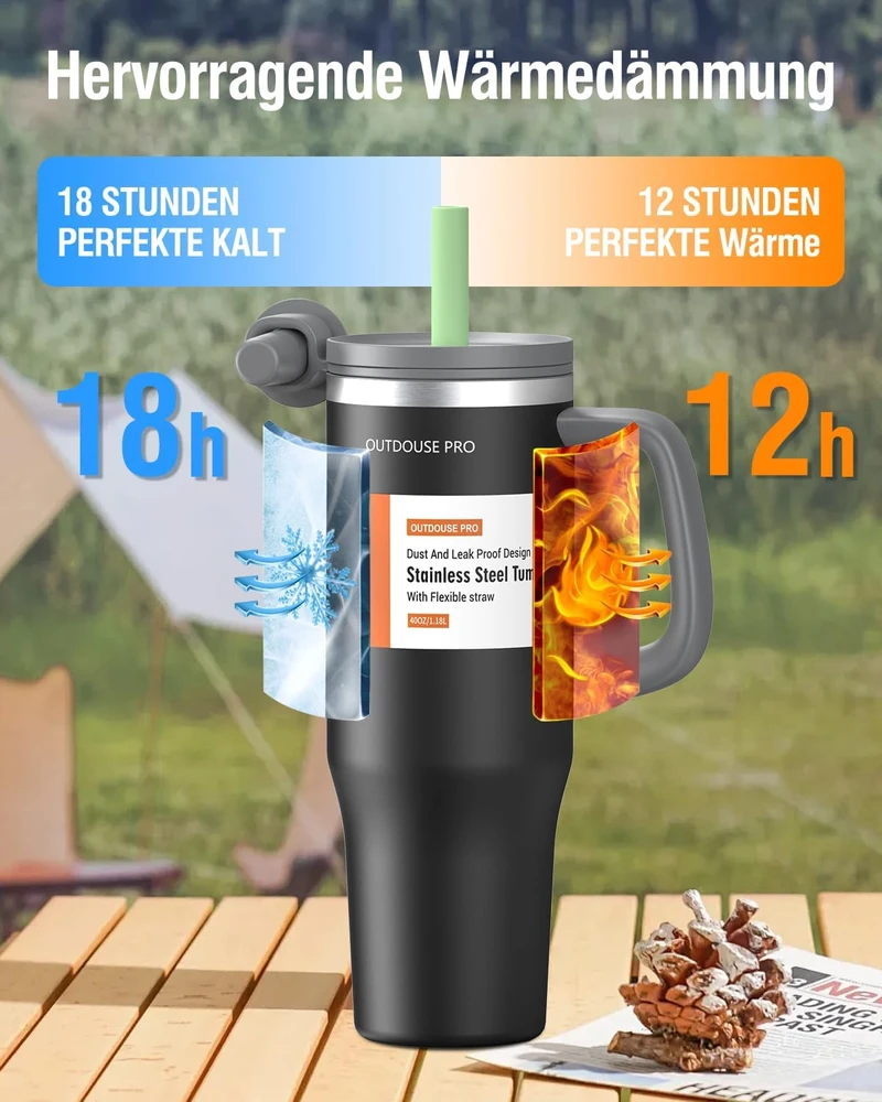 OUTDOUSE PRO termopuodelis su šiaudeliu 1,2 l, juodas, Tazza
