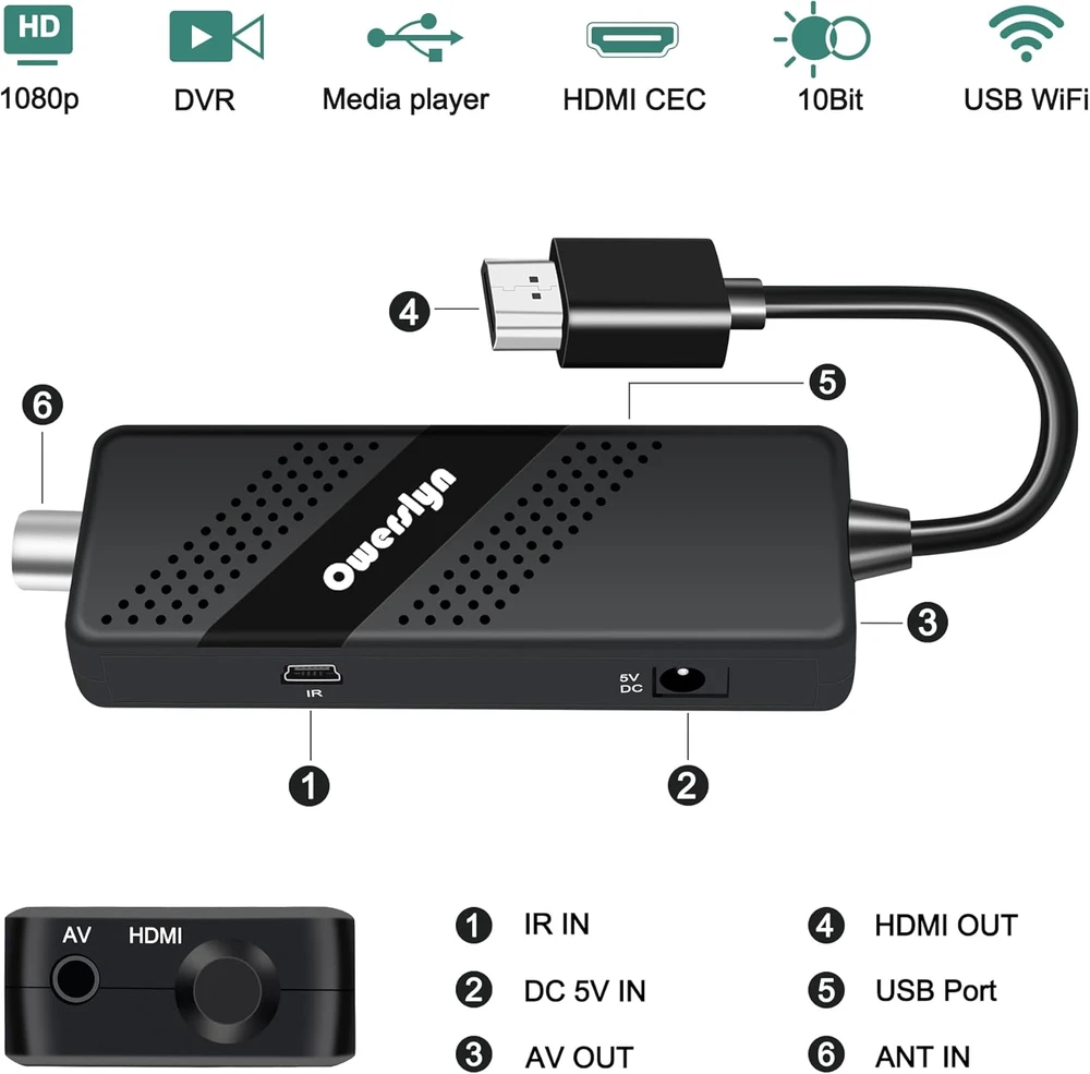 Owerslyn DVB-T2 skaitmeninis TV priedėlis HDMI, AV, USB, PVR, H.265 HEVC, Full HD, M3-Stick