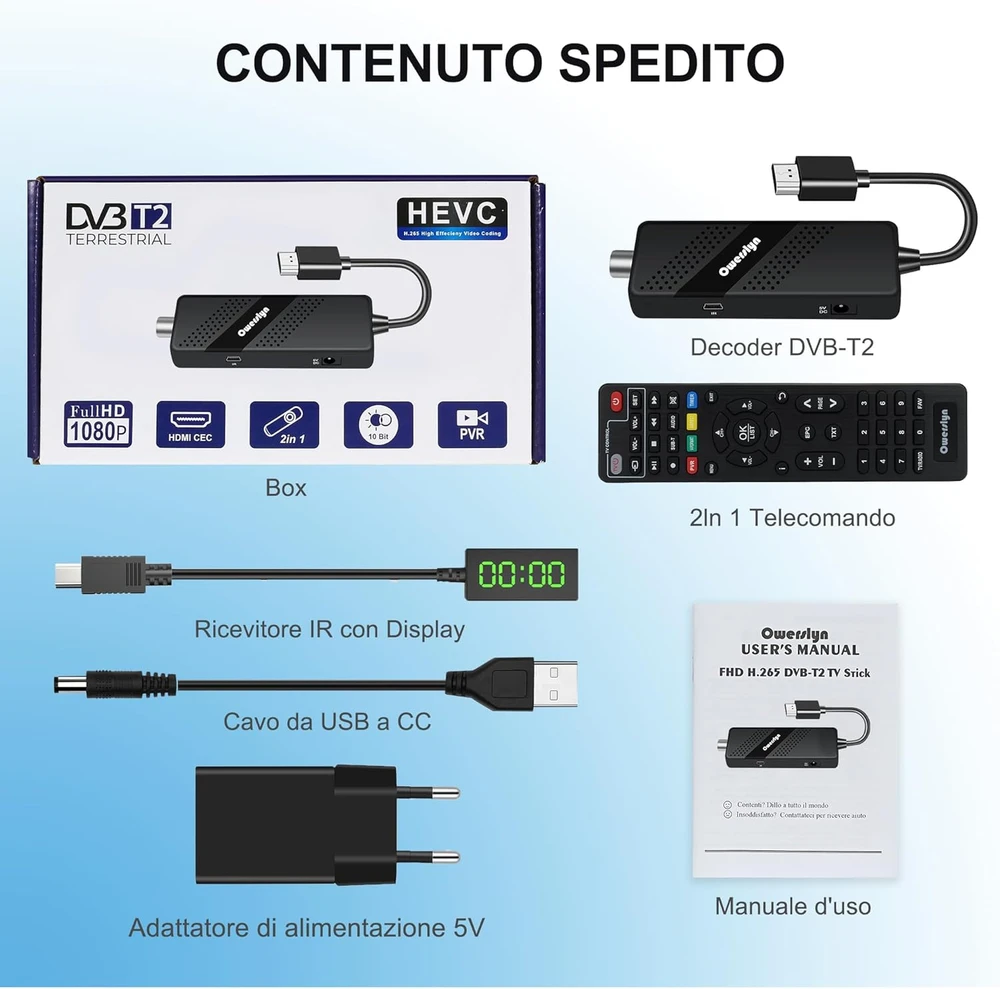 Owerslyn DVB-T2 skaitmeninis TV priedėlis HDMI, AV, USB, PVR, H.265 HEVC, Full HD, M3-Stick