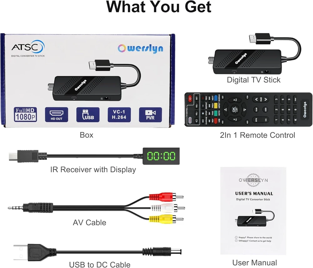 Owerslyn skaitmeninis TV konverteris, HDMI/AV, ATSC, USB multimedijos grotuvas, M2-TV Stick