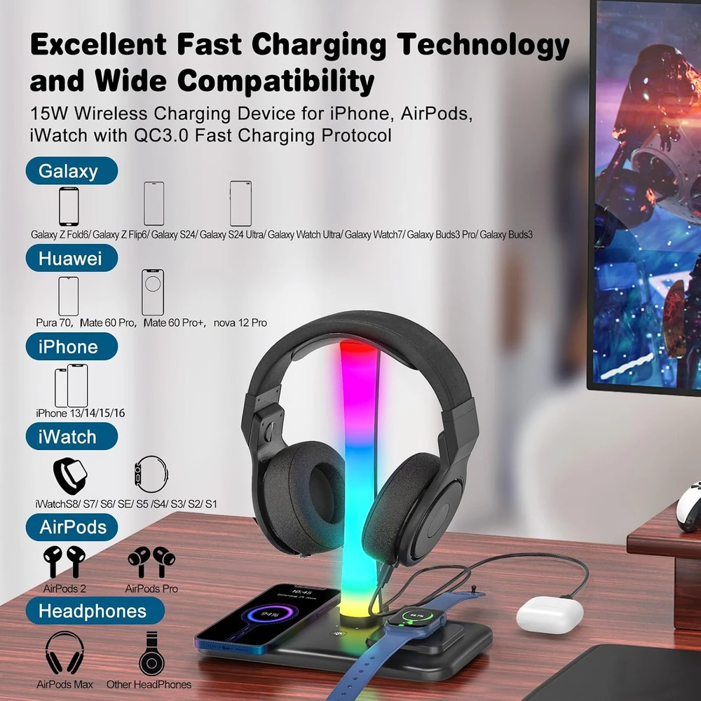 Padwa Lifestyle ausinių stovas su belaidžiu įkrovimu 15 W ir RGB apšvietimu HY-KR018-BK