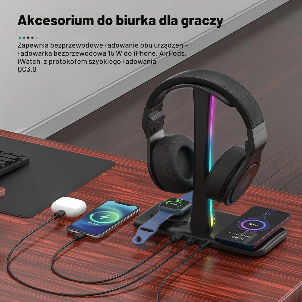 Padwa Lifestyle ausinių stovas su belaidžiu įkrovimu 15 W ir RGB apšvietimu HY-KR018-BK