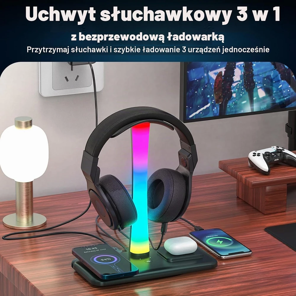 Padwa Lifestyle ausinių stovas su belaidžiu įkrovimu 15 W ir RGB apšvietimu HY-KR018-BK