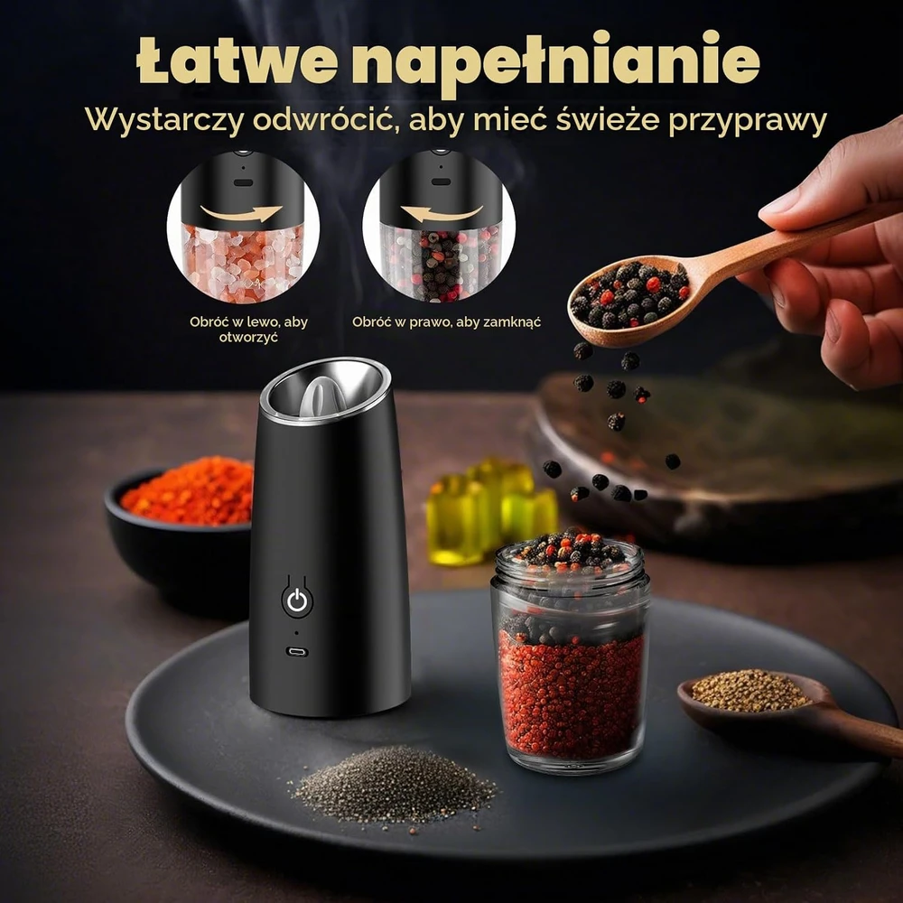 PAISHENKEJI elektrinių druskos ir pipirų malūnėlių rinkinys su USB-C įkrovimu