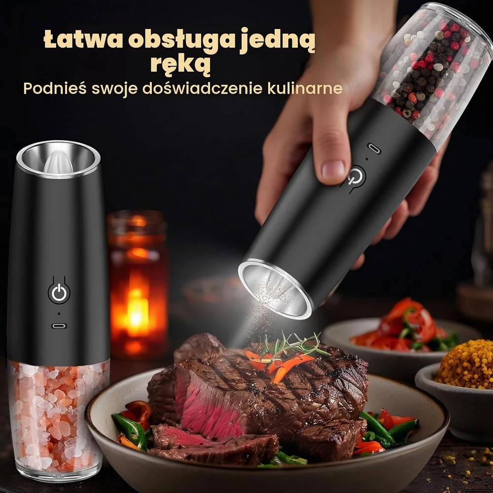 PAISHENKEJI elektrinių druskos ir pipirų malūnėlių rinkinys su USB-C įkrovimu