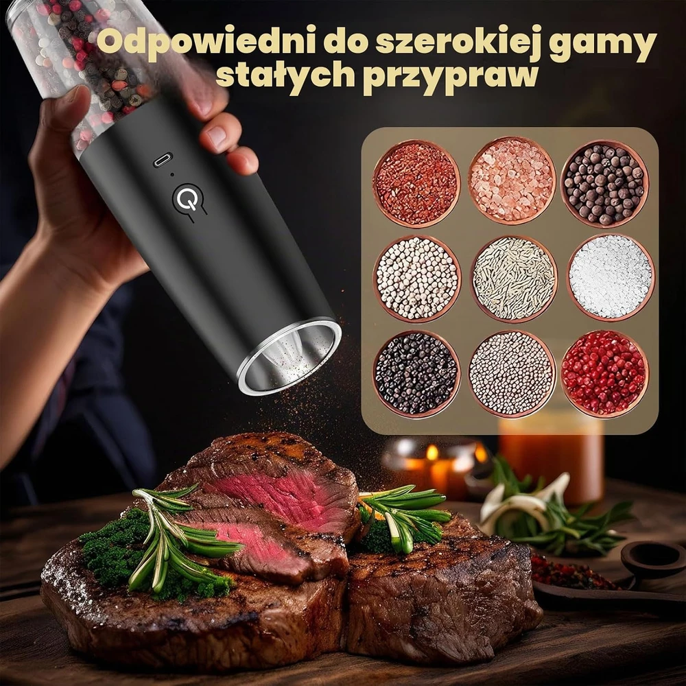 PAISHENKEJI elektrinių druskos ir pipirų malūnėlių rinkinys su USB-C įkrovimu