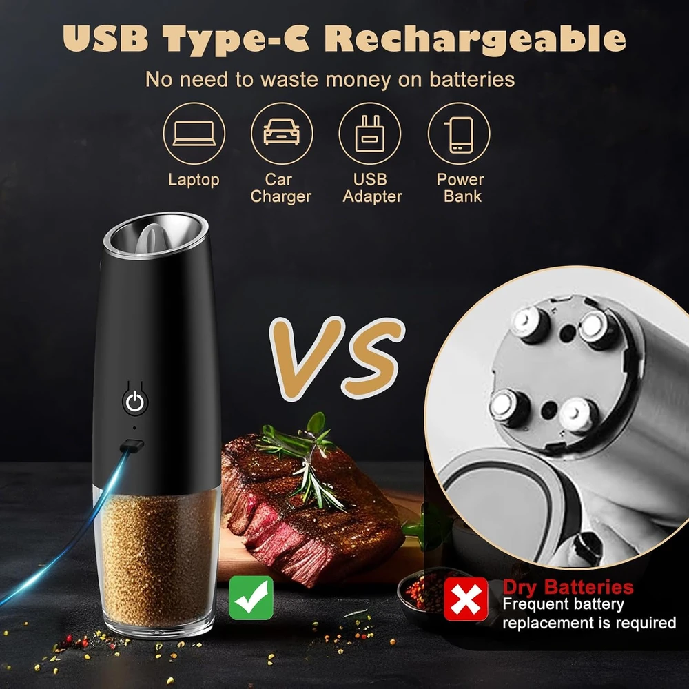 PAISHENKEJI elektrinių druskos ir pipirų malūnėlių rinkinys su USB-C įkrovimu
