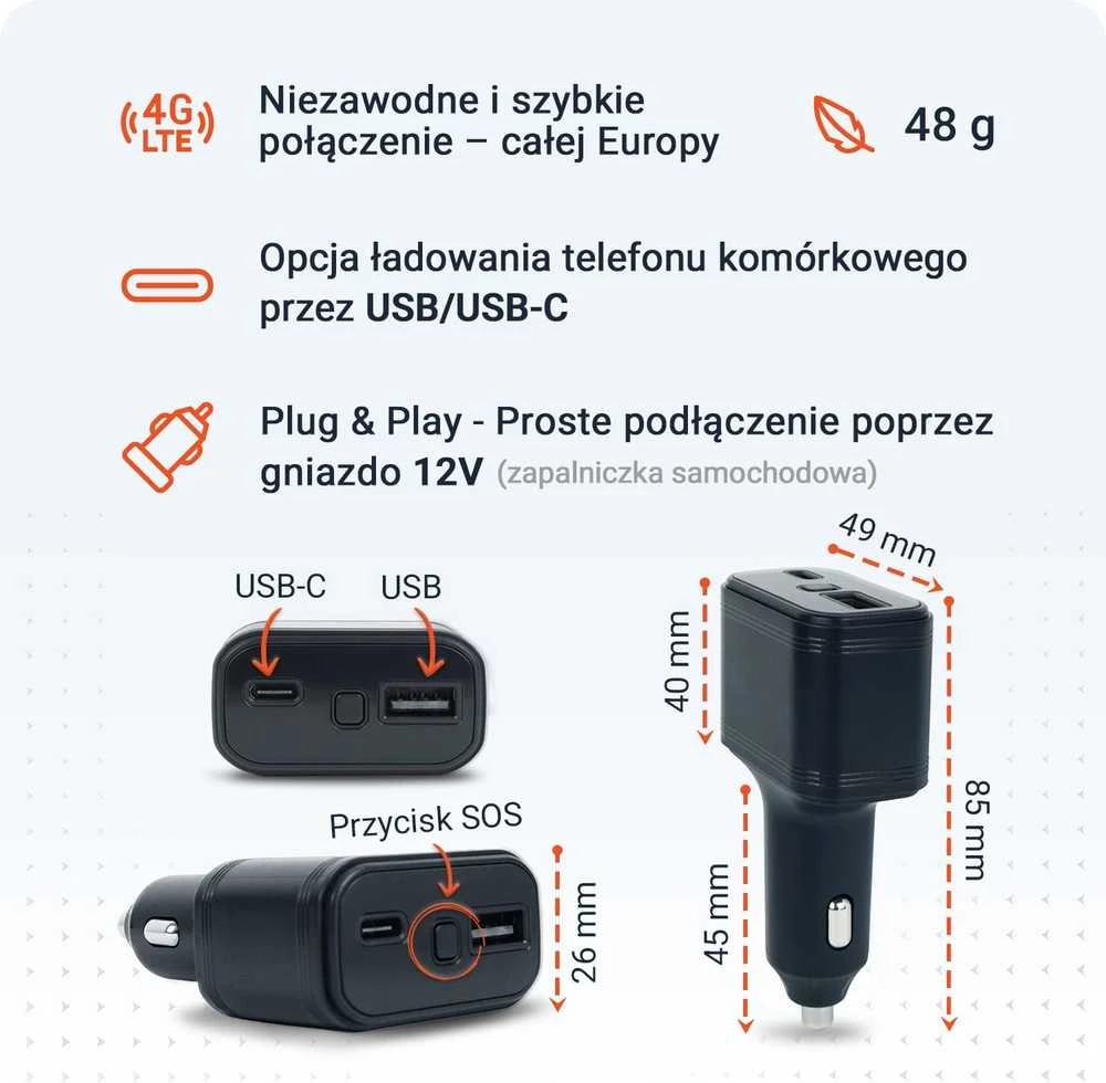 PAJ GPS USB transporto priemonių GPS seklys su 4G, USB-C įkrovimu, 12/24 V, 47x26x85 mm, 9045