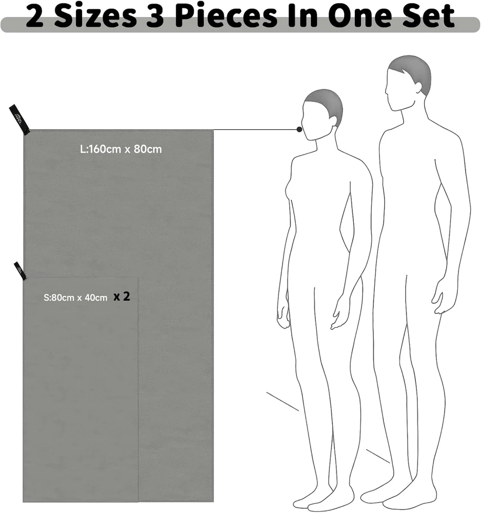 Pameil greitai džiūstančių mikrofibros sporto rankšluosčių rinkinys 3 vnt. 160x80 cm ir 80x40 cm C004-066-DE