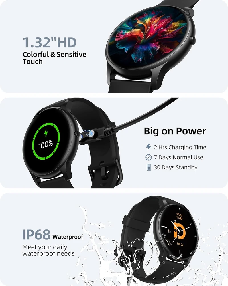 Parsonver išmanusis laikrodis Bluetooth skambinimas IP68, 1,32 colio HD ekranas, daugiau nei 100 sporto režimų, SpO2, pulsas