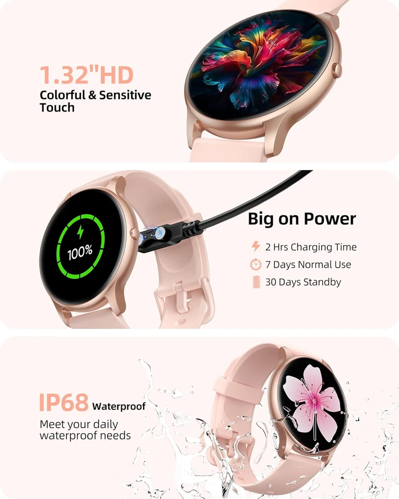 Parsonver išmanusis laikrodis moterims, 1,32 colio HD ekranas, Bluetooth skambučiai, IP68, 100 sporto režimų, rožinio aukso SPROD1