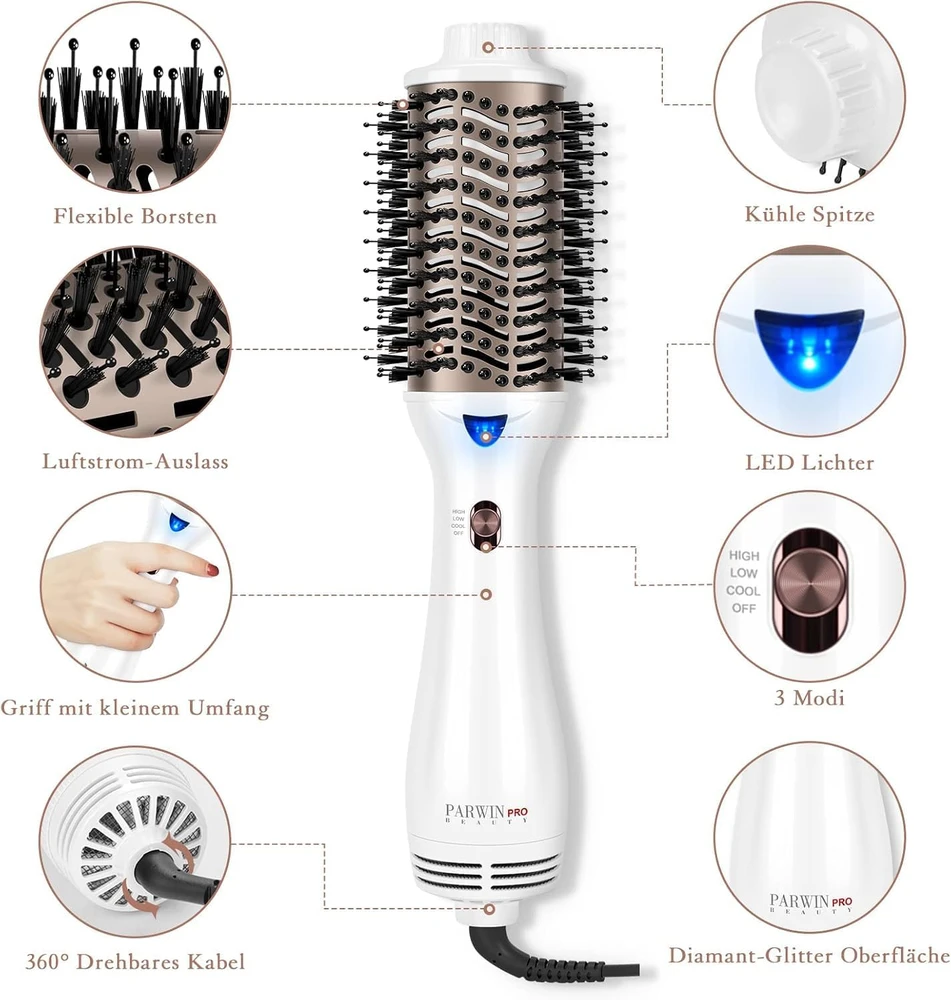 PARWIN PRO BEAUTY karšto oro plaukų džiovinimo ir formavimo šepetys 1000 W AB0322-WH
