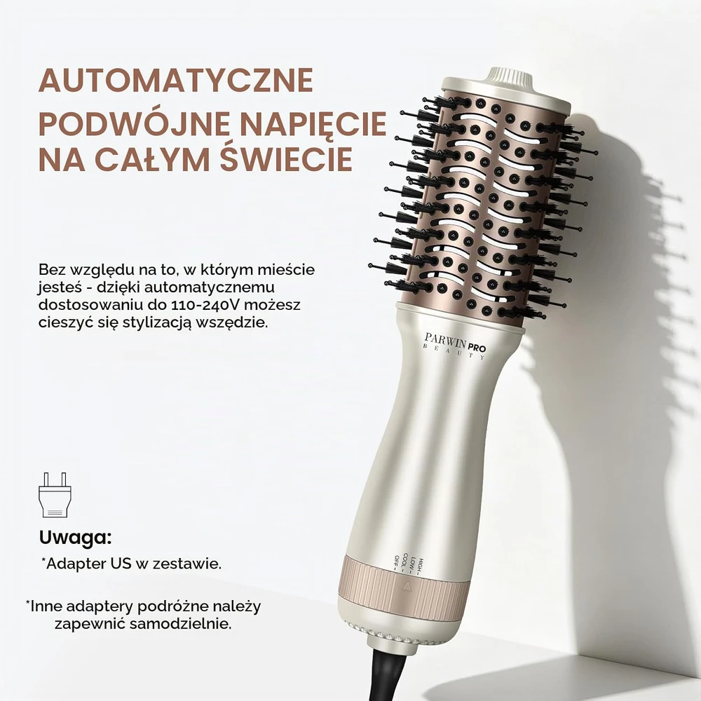PARWIN PRO BEAUTY kelioninis karšto oro šepetys 700 W, joninis, 110–240 V, AB0352