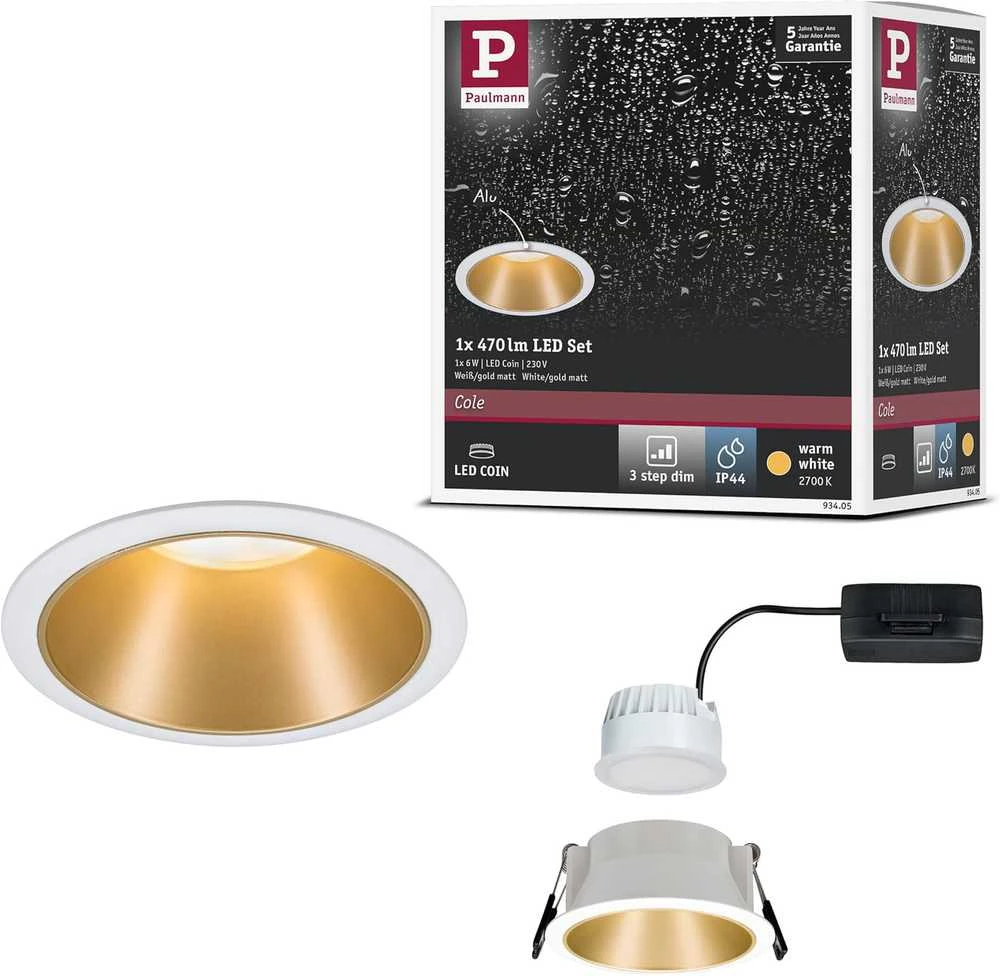 Paulmann įleidžiamas LED šviestuvas Cole, apvalus, 6,5 W, balta ir matinė aukso spalva, 2700 K, 93405