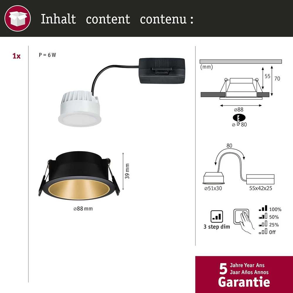 Paulmann įleidžiamas LED šviestuvas Cole, apvalus, 6,5 W, 2700 K, juodas, matinis auksas, 93403
