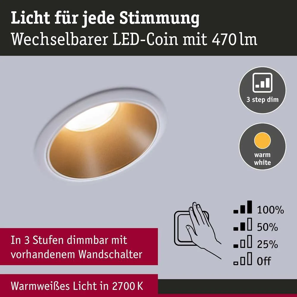 Paulmann įleidžiamas LED šviestuvas Cole, apvalus, 6,5 W, balta ir matinė aukso spalva, 2700 K, 93405