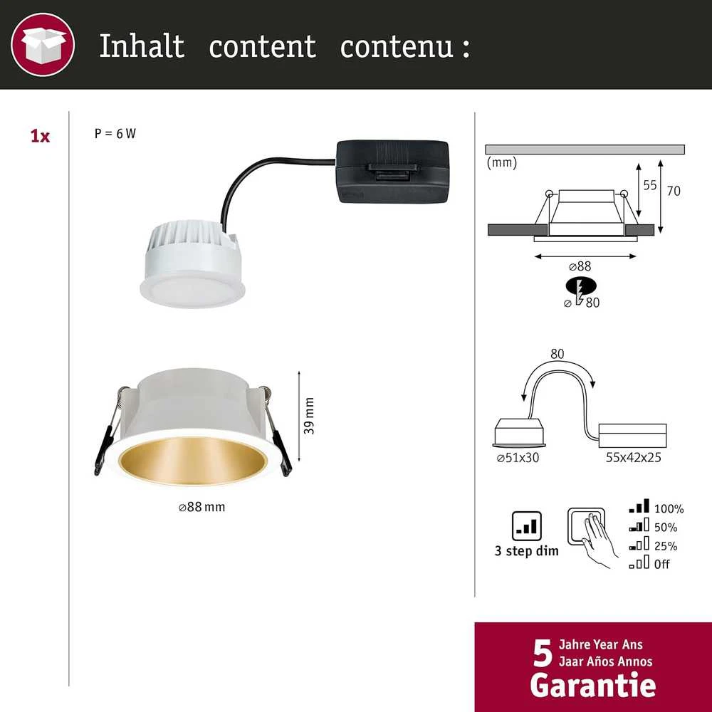 Paulmann įleidžiamas LED šviestuvas Cole, apvalus, 6,5 W, balta ir matinė aukso spalva, 2700 K, 93405